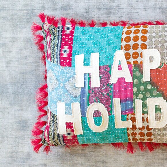 Happy Holiday Kantha Pillow - Picture 3 of 3